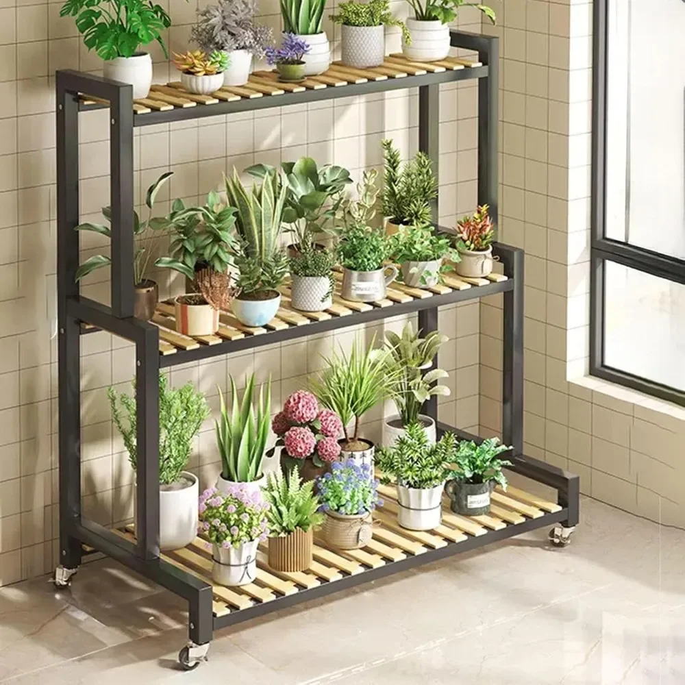 2/3/4 Tier Adjustable Plant Shelf, Bamboo Tiered Plant Holder With Wheel, Stair Style Large Metal Flower Display Stand