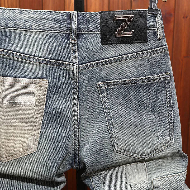 Trendy brand summer denim shorts men's patchwork design trendy and fashionable denim five quarter pants