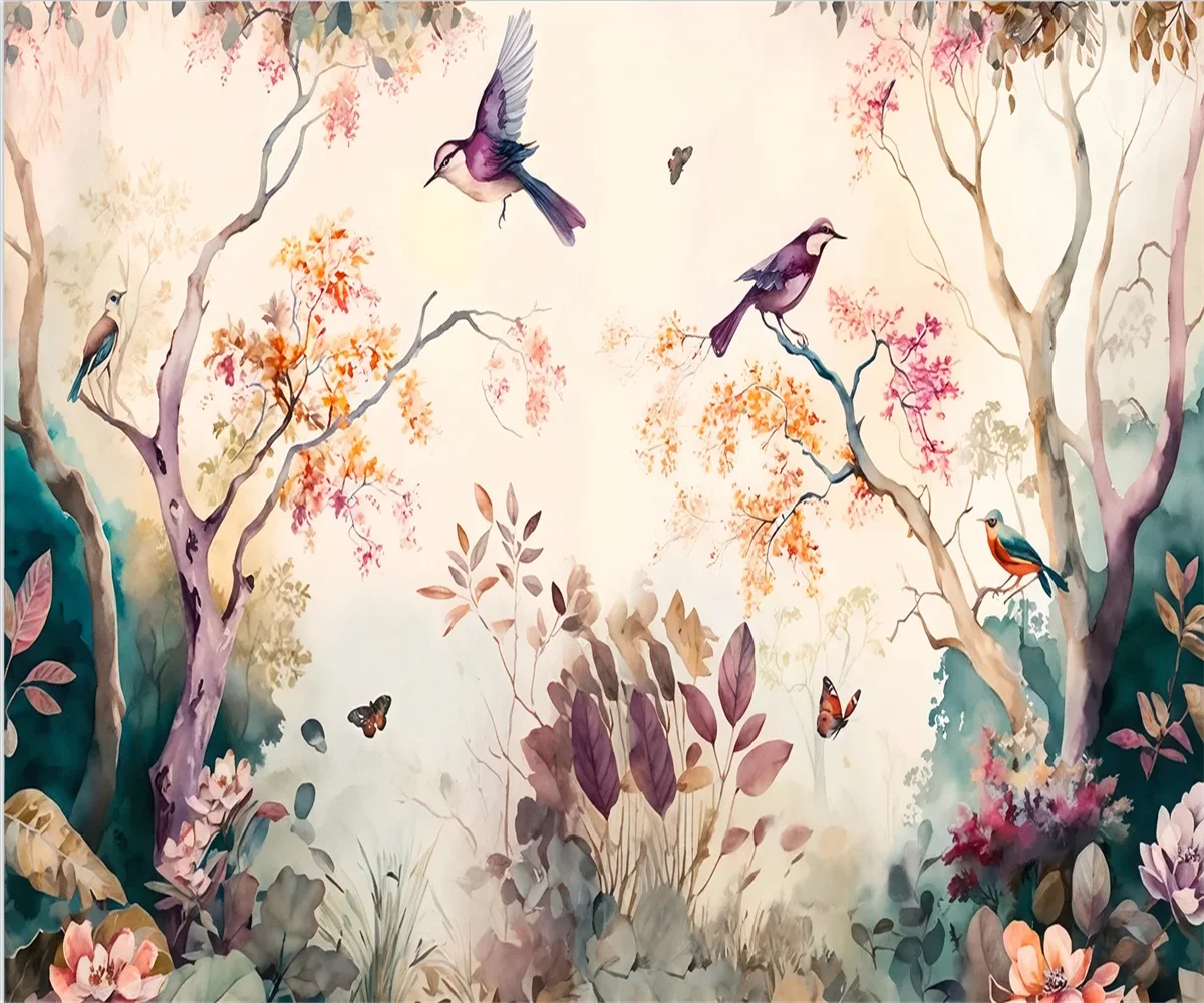 

Custom Wall paper hand-painted banana tree palm leaf black and white rain forest plant flowers and birds background 3d Wallpaper