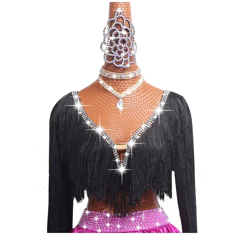 Abito da ballo latino da donna Costumi da competizione Abbigliamento da spettacolo Gonna a lisca di pesce con nappa a maniche lunghe con scollo a V nero per bambini