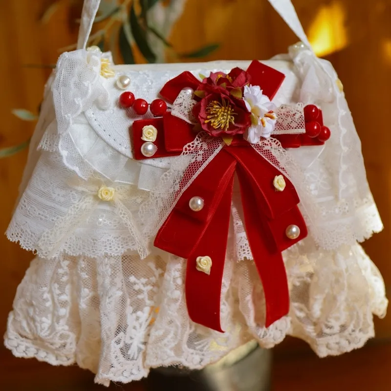 Chinese Style Original Handmade Lolita Lace Velvet Red Bow Handbag Female Christmas Bride One Shoulder Crossbody Lo Bag Girl