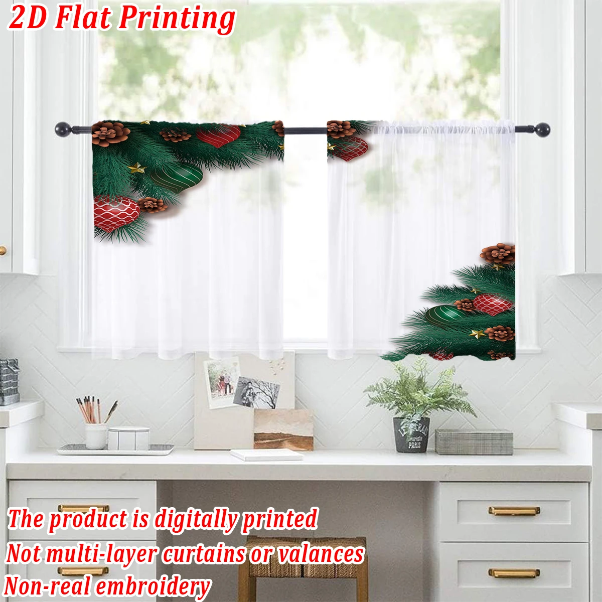 عيد الميلاد طباعة مسطحة المطبخ شير الستار مع عيد ميلاد سعيد الكرة كوز الصنوبر فرع الصنوبر لعيد الميلاد ديكور المنزل الطرف