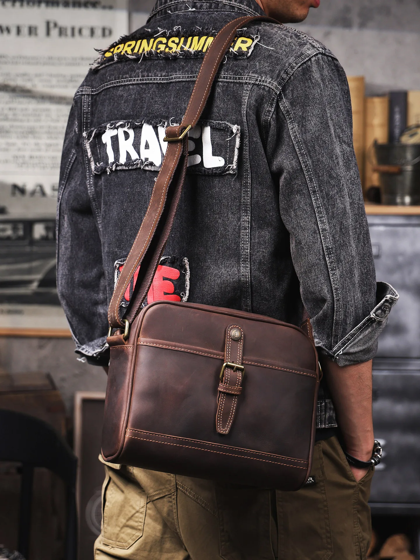 

PNDME organizers designers handmade genuine leather men's shoulder bag vintage luxury crazy horse cowhide work crossbody bag