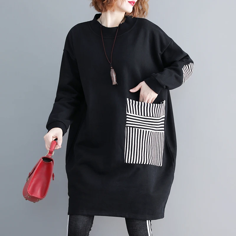 plus Size Hoodie Slimming Medium Length Patchwork Thiened Fce Women's Artistic Spring Faion Striped Splice Trendy Swea...
