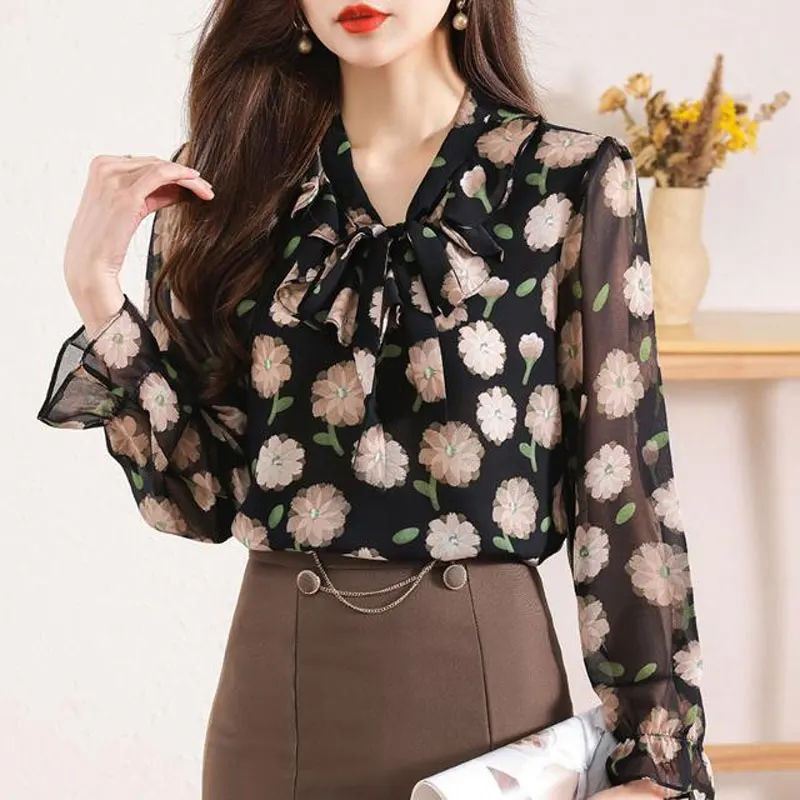 Spring Summer New Floral Printed Shirt Elegant V-Neck Drawstring Female Clothing Stylish Commute Loose Korean Long Sleeve Blouse