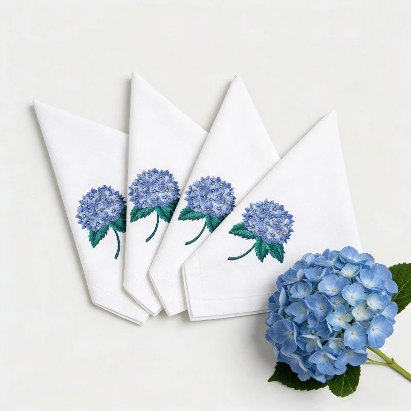 1/4pcs Romantic Hydrangea Napkin Cloth ,Cotton Embroidered Tea Towel,for Family Dinners Wedding Birthday Party Decor