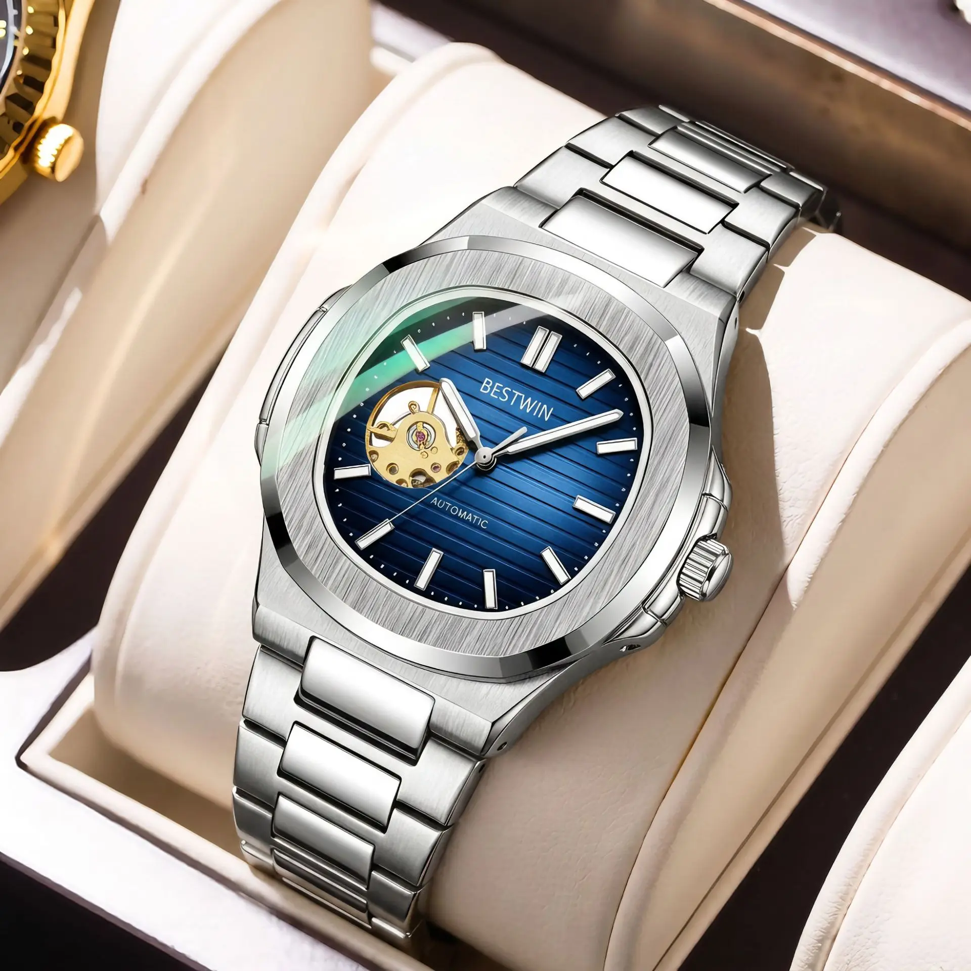 New Men Automatic Mechanical Watch Hollow Skeleton Dial Luxury Stainless Steel Band Business Wristwatches Waterproof Male Clock