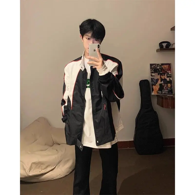 

Loose Casual American Sle Workwear Jaet Men's Design Sense ort Sve Long Sve Stand Collar Patchwork Color Blo