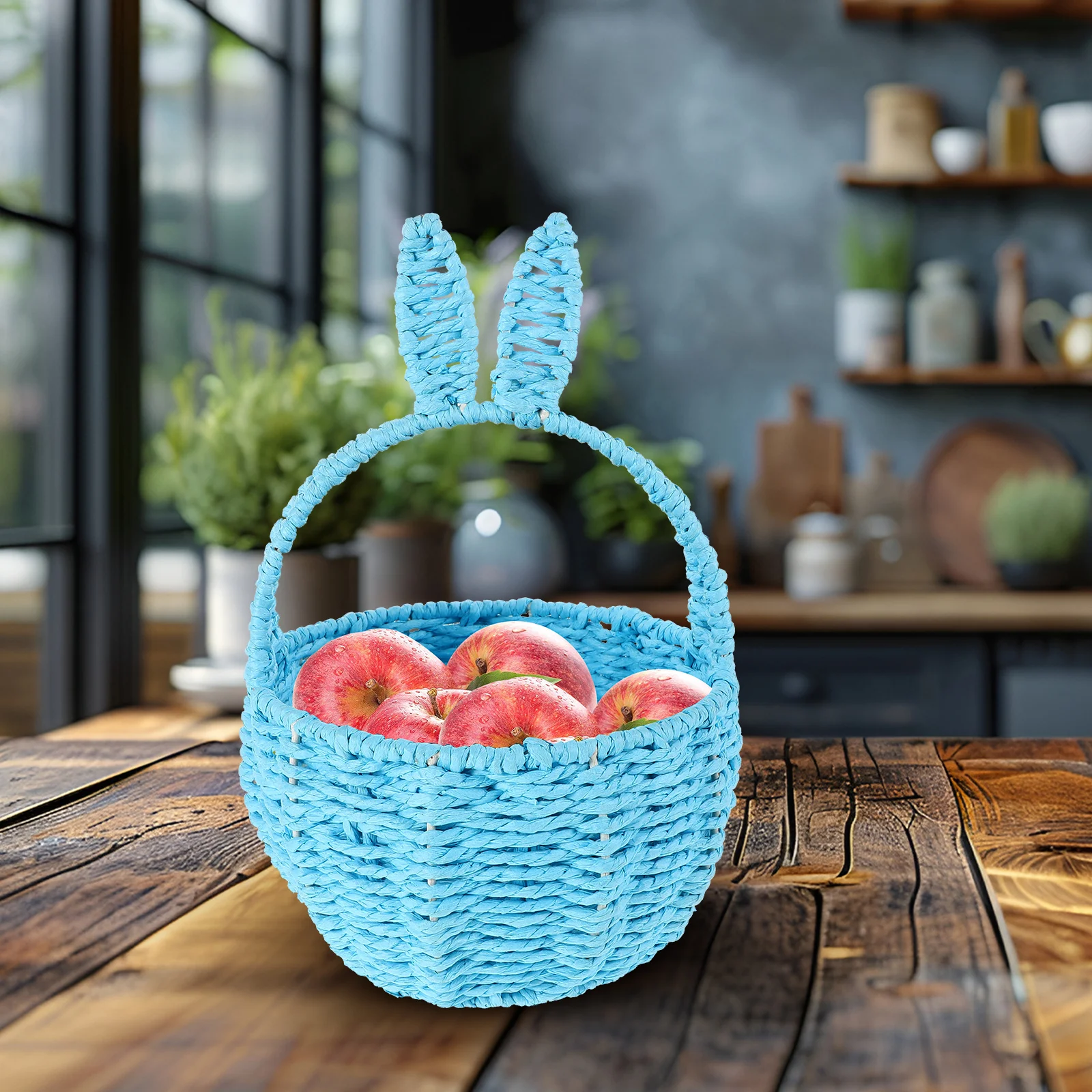 

Rabbit Ear Woven Baskets RV Storage Picnic Fruit Garden Vegetables Outdoor Travel Small Sky Blue Basket Breathable Construction