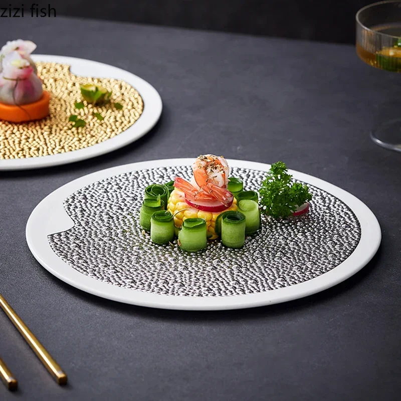 Solid Color Pearl Dot Texture Ceramic Flat Plate Sushi Plate Dessert Plate Steak Plates Molecular Cooking Creative Tableware