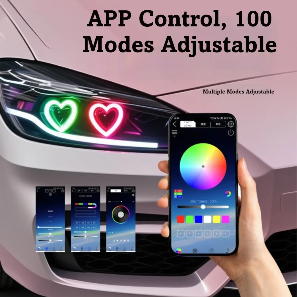Dynamic RGB Dynamic LED Angel Eyes Halo Rings Heart-Shaped with App Control Daytime Running Lights Car Fog Lights For Car