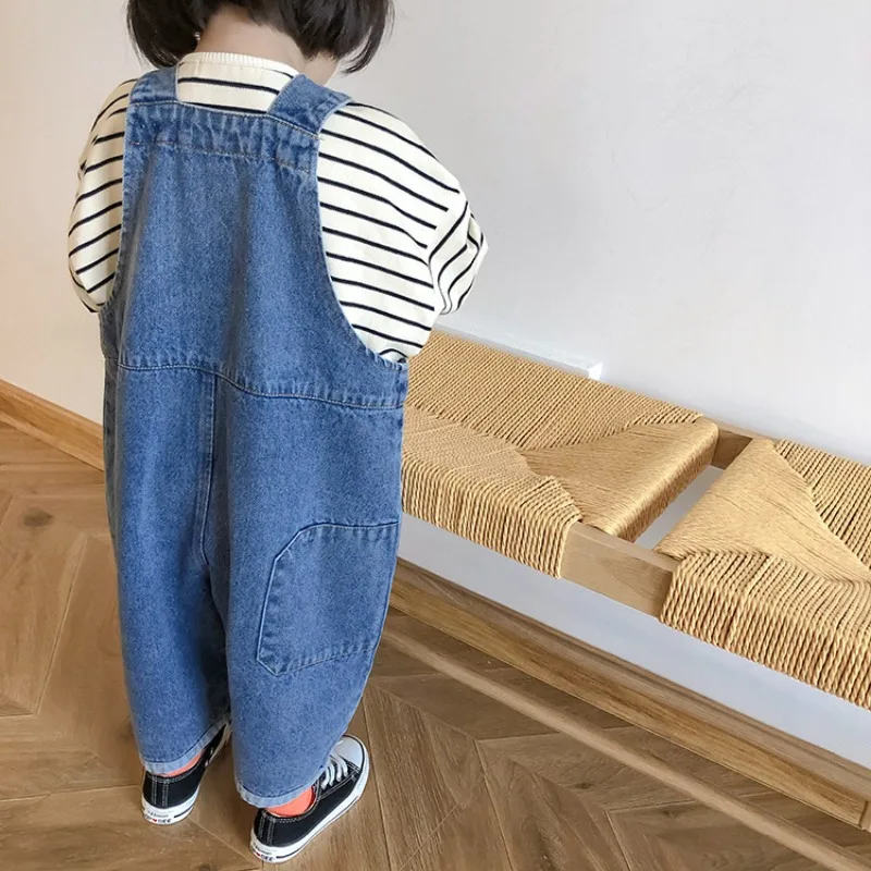 2024 Spring Autumn boys girls solid color patchwork denim jumpsuits kids all-match bib pants children soft loose overalls