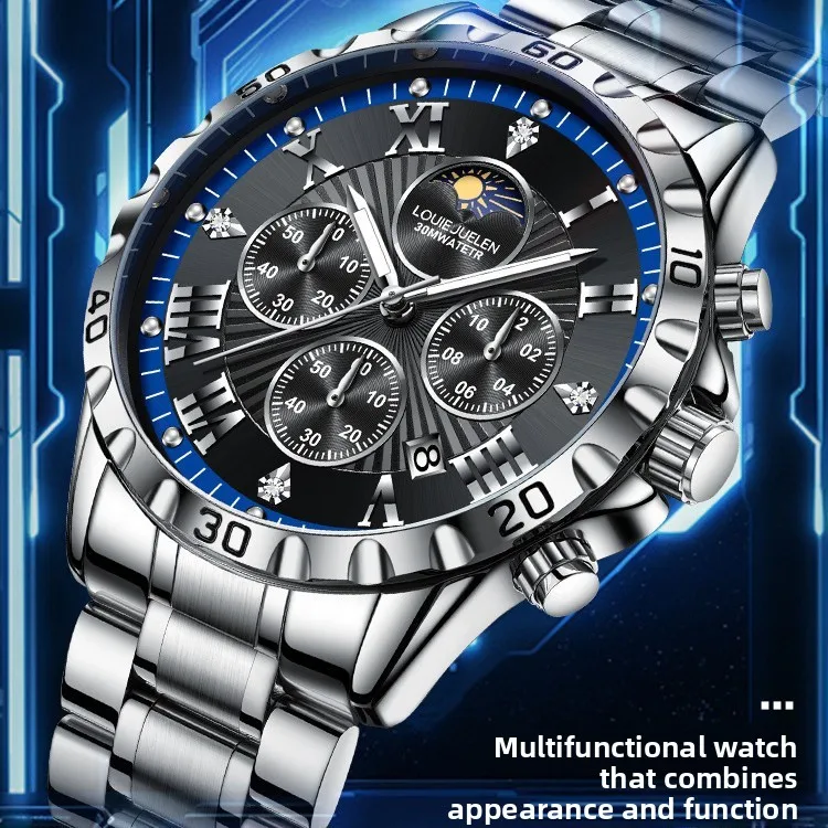 Stainless alloy Six-Hands Moonphase Luminous Waterproof Quartz Exquisite watch for Men