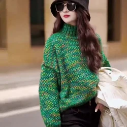 Advanced Green Retro High Neck Knitted Sweater for Women's Autumn New Style Loose and Lazy Fashionable Temperament Beautiful Top