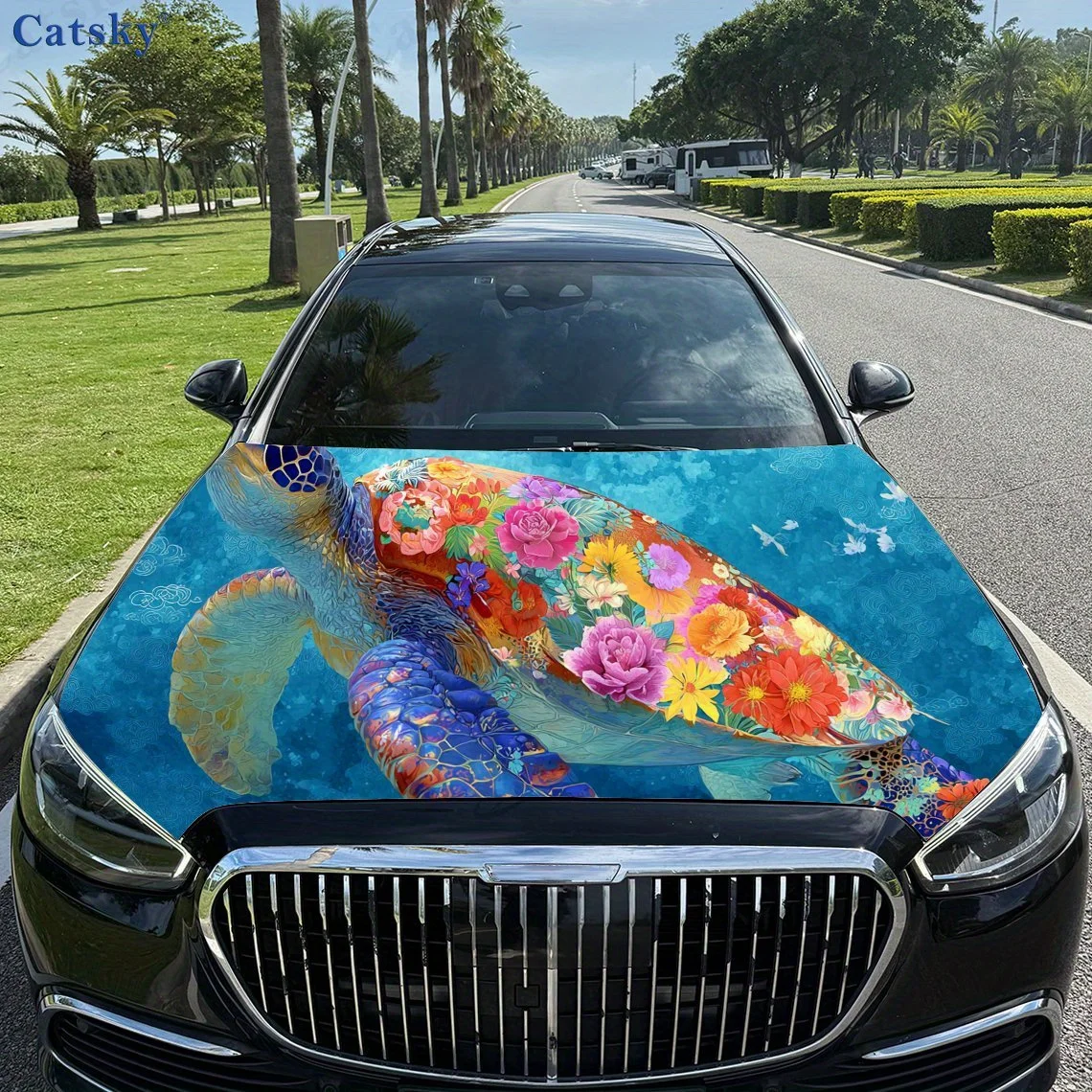 

Whimsical Floral Turtle Car hood decals, car cover decorative stickers, and vinyl wraps for cars, SUVs and trucks. Self-adhesive