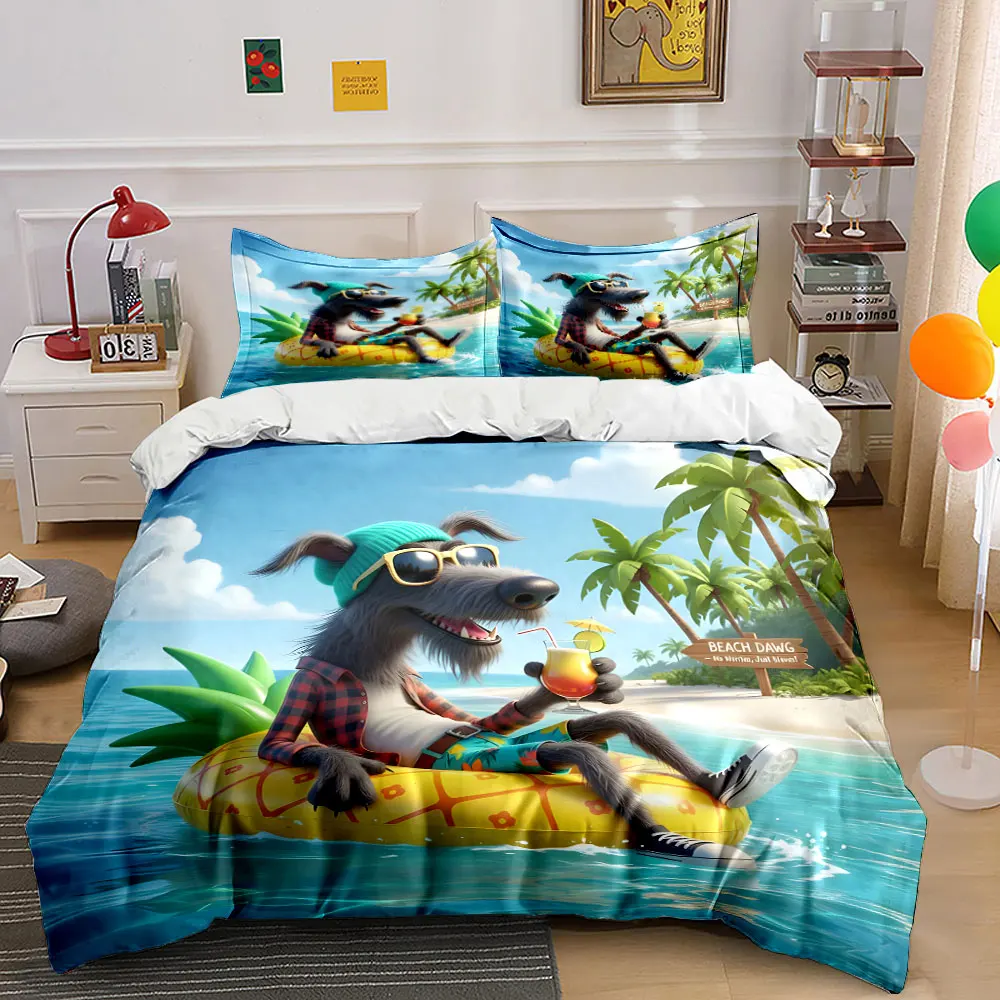 Relaxed Dog Under Palm Trees Printed Duvet Cover Set 1 Duvet Cover+2 Pillowcase Multi Size Bedroom Bedding Decoration