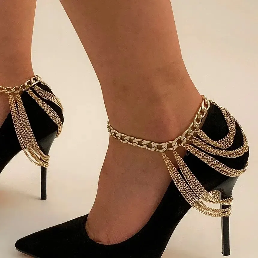 Sexy Elegant Multilayer Long Tassel Chain Anklets for Women Exquisite Gold Color High Heel Shoes Feet Chains Wed Party Jewelry