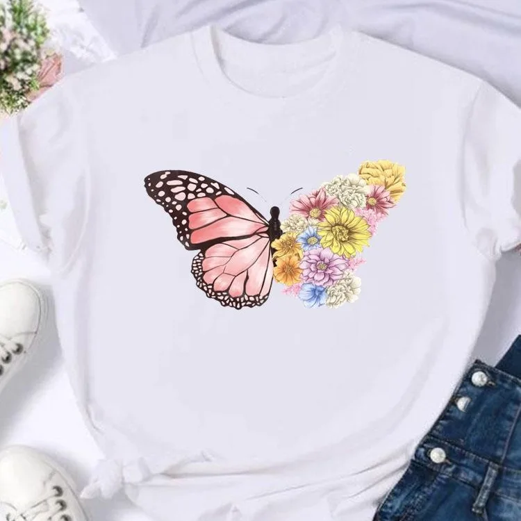 Women\'s European and American Clothing Butterfly Letter Printed Short-sleeved T-shirt Tops  Graphic T Shirts  Harajuku