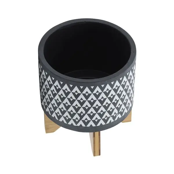 PLANTEUR AZTEC CERAMIQUE 8' SUR SUPPORT EN BOIS, GRIS