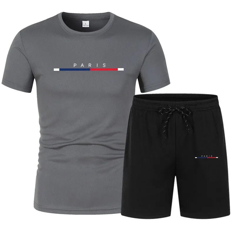 Summer T-shirt paris print short-sleeved luxury sportswear set Men's fitness Sports quick-drying Sets T-shirt+shorts 2-piece set