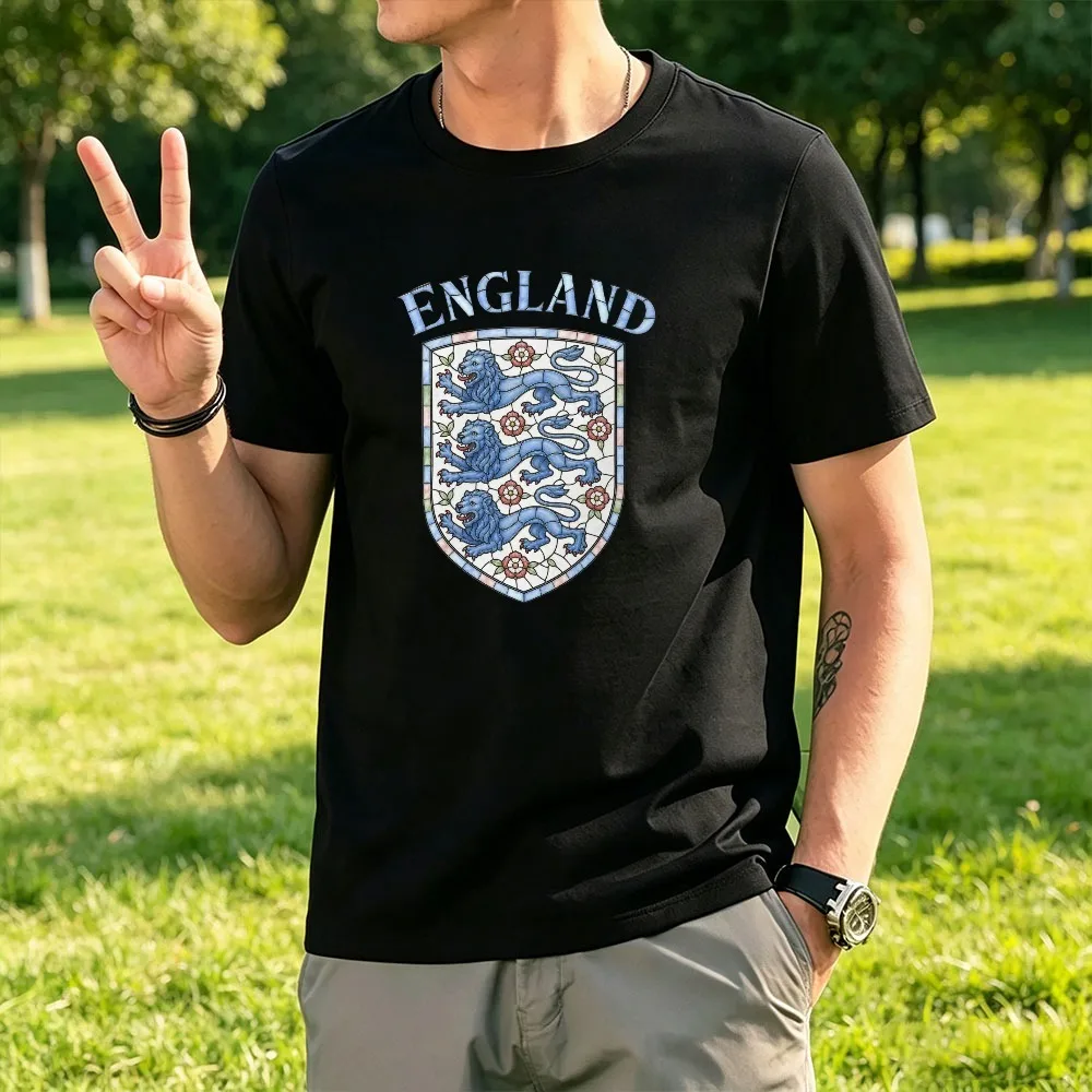 England Three Lions Stained Glass T-Shirt Tudor Roses Crest Soccer Cup 2026 Tee England Football Fan Gift Summer Men's Tshirt