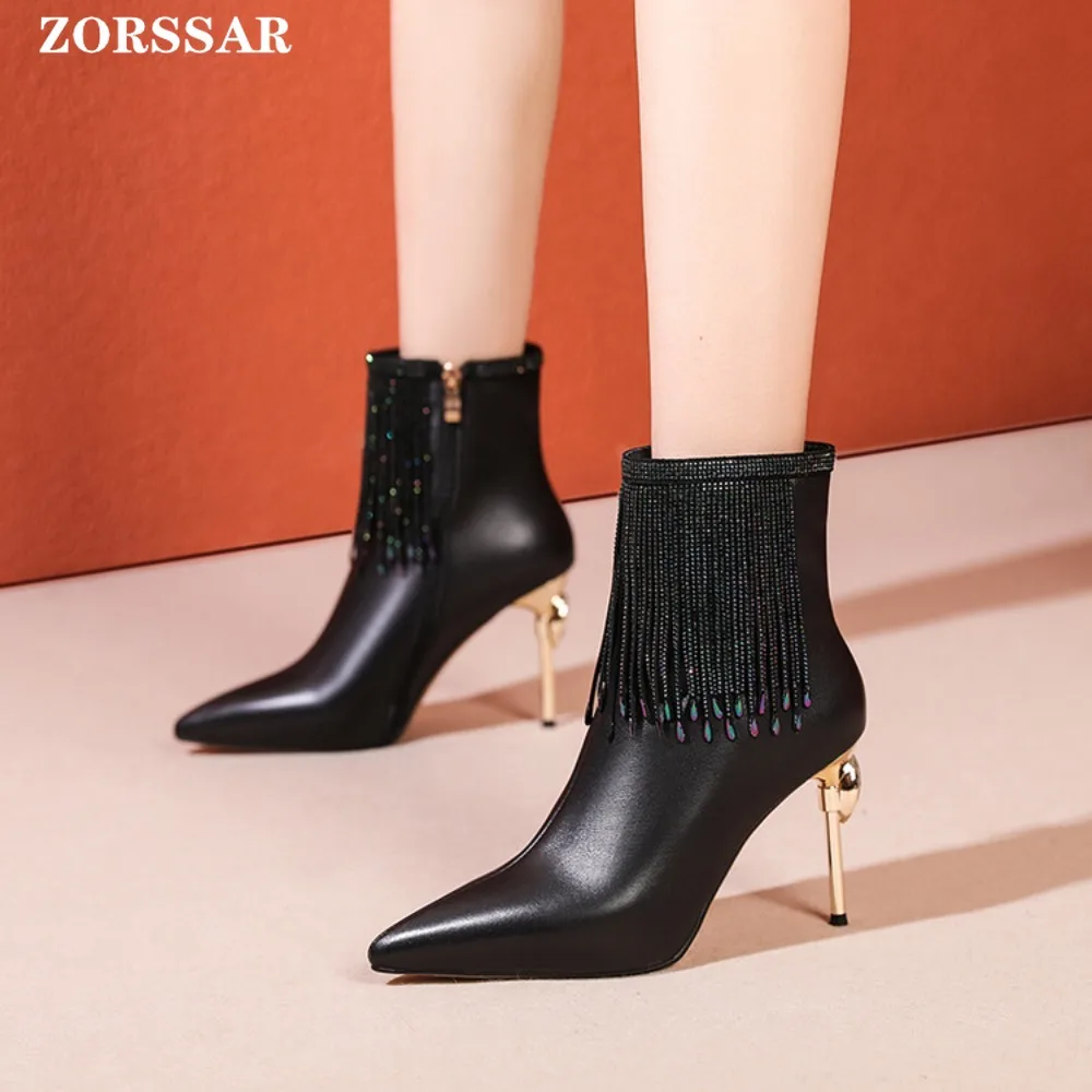 Shoes Leather Boot Women Ankle Boots Autumn Winter Boot Women High Heels Short Boots Pointed Toe Ladies Booties Chaussures Femme
