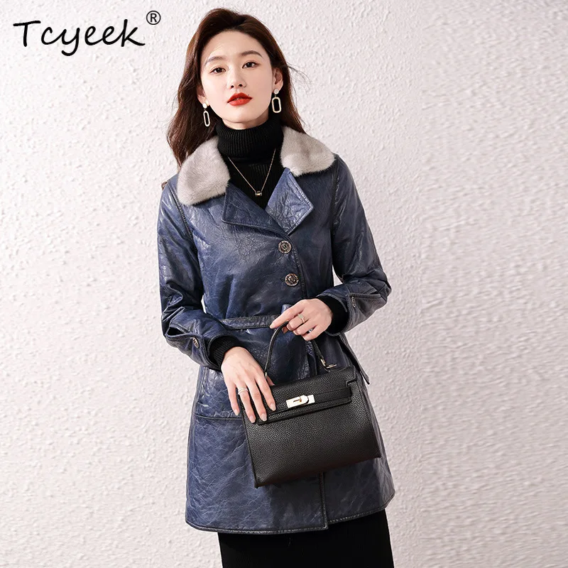 เสื้อแจ็คเก็ตหนังแท้สำหรับผู้หญิง แบรนด์ Tcyeek บุด้วยขนห่านสีขาว แต่งปกขนมิงค์ เหมาะสำหรับฤดูใบไม้ร่วงและฤดูหนาว