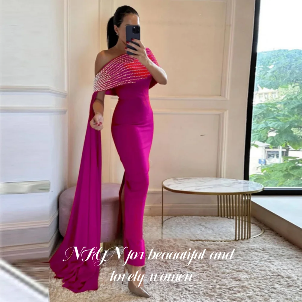 NFYN-vestido de fiesta elegante rojo con hombros descubiertos, vestidos de fiesta divididos plisados, vestido de noche de lentejuelas brillantes para mujer árabe personalizado