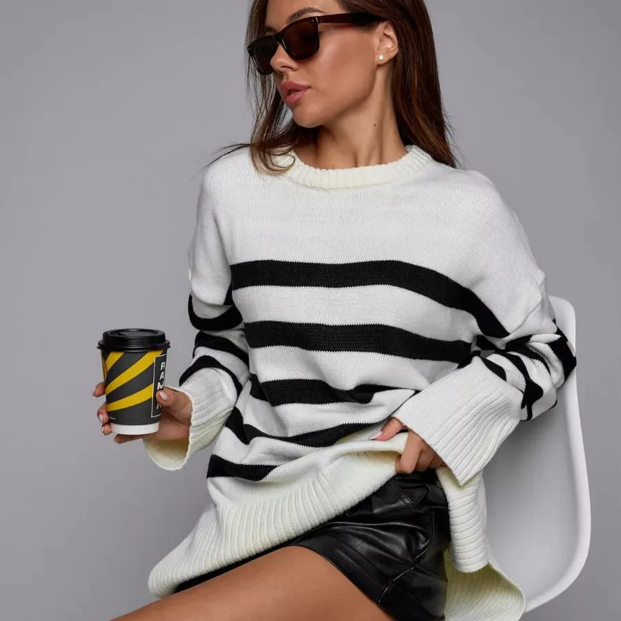 2025 Autumn Winter New Arrival! Women's Striped Loose Crew Neck Knit Sweater - Cross-Border Casual Pullover Outerwear