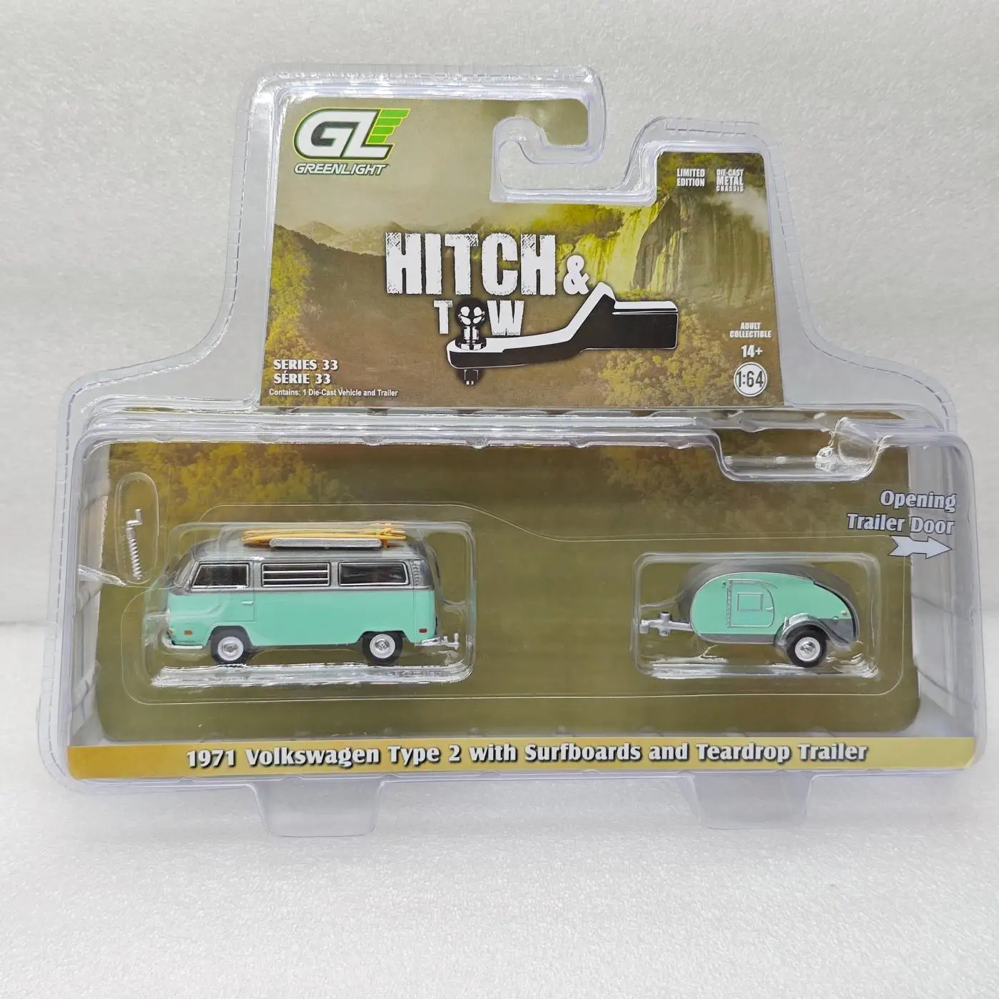 

Green Light 1:64 Trailer Series #33-1971 Volkswagen T2 Surfboard and Teardrop Trailer 32330-B Varnish Diecast Alloy Car Model