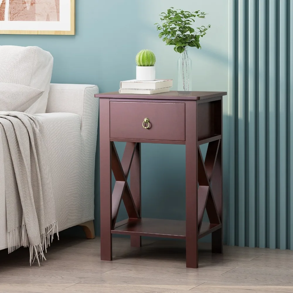 Side Intersection Style Bedside Table Coffee Table with Two-layer Drawer Brown, Nightstands