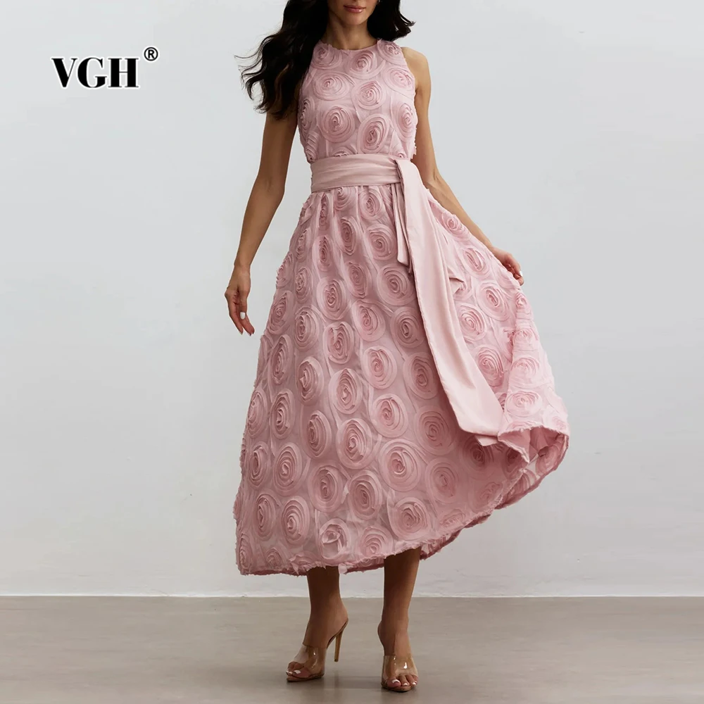 

VGH Designer Spliced Appliques Solid Dresses For Women Round Neck Sleeveless High Waist Spring Elegant Dress Female Fashion New