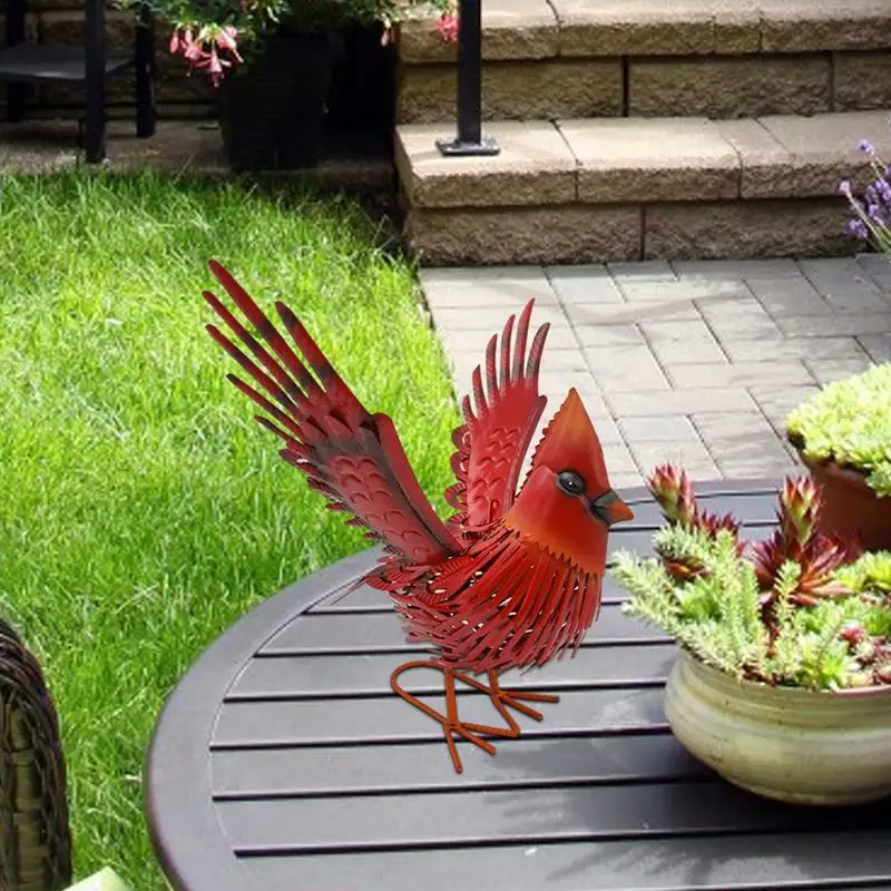 Metal Birds Outdoor Decor 3D Red Bird Metal Sculpture Handcrafted Decorative Yard Art Stable Outdoor Bird Decor With U Shaped