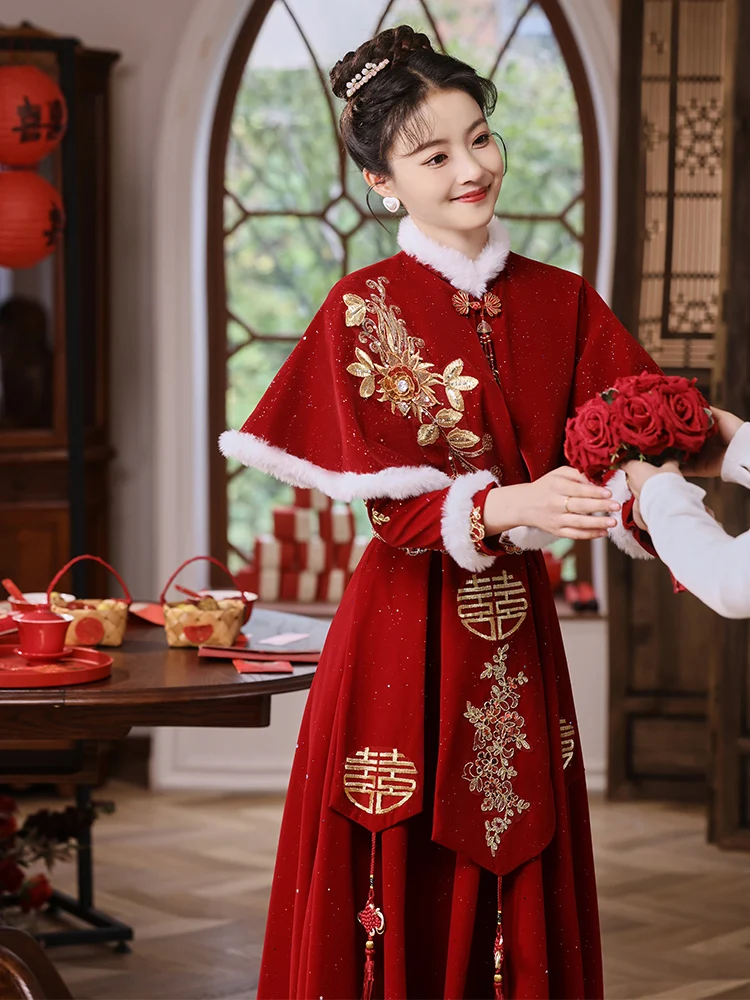 

Red Long Sve Fro Coat Wedding Dr for Women V-Ne Embroidered Fce Lined Autumn Winter Gown Floor-Length Evening Dr