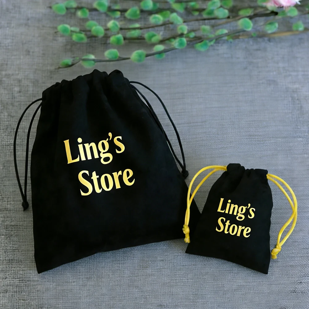 

100Pcs Personalized Logo Black Jewelry Drawstring Bag Velvet Packaging Pouches Chic Wedding Favor Bag Pink Flannel Cosmetic Sack