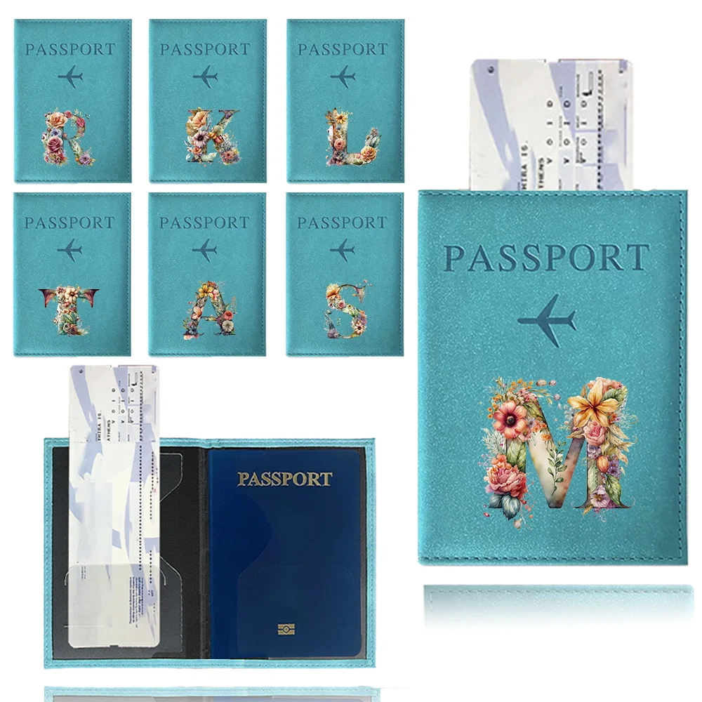 Passport Cover PU Leather Travel Passport Holder Floral Letter Printing Series Ticket Document Business Credit ID Card Wallet