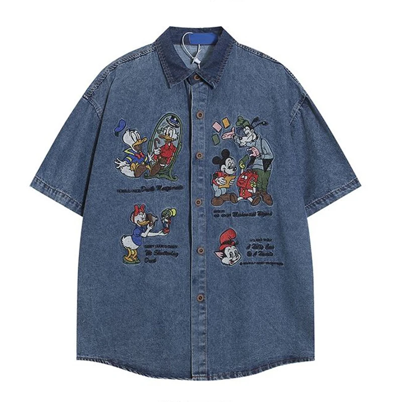 

Kawaii Mickey Donald Duck Cartoon Embroidered Denim Short Sleeved Shirt Retro Neutral Couple Shirt Men and Women Summer Jacket