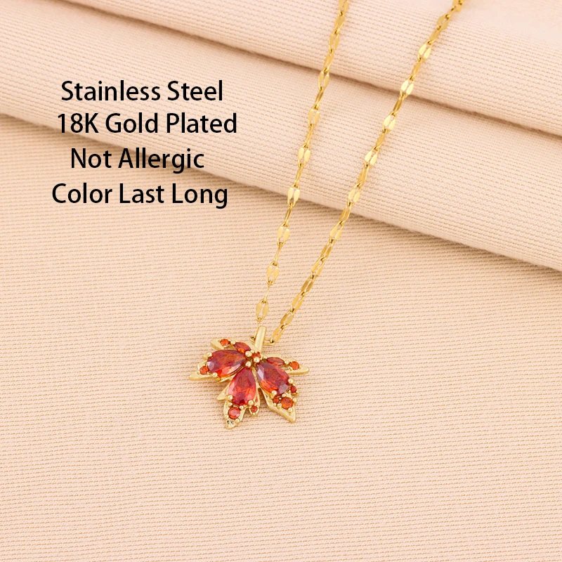 New Fashion Love Memory Red Maple Leaf Pendant Necklace For Women Cute Romantic Female Neck Chain Ladies Stainless Steel Jewelry