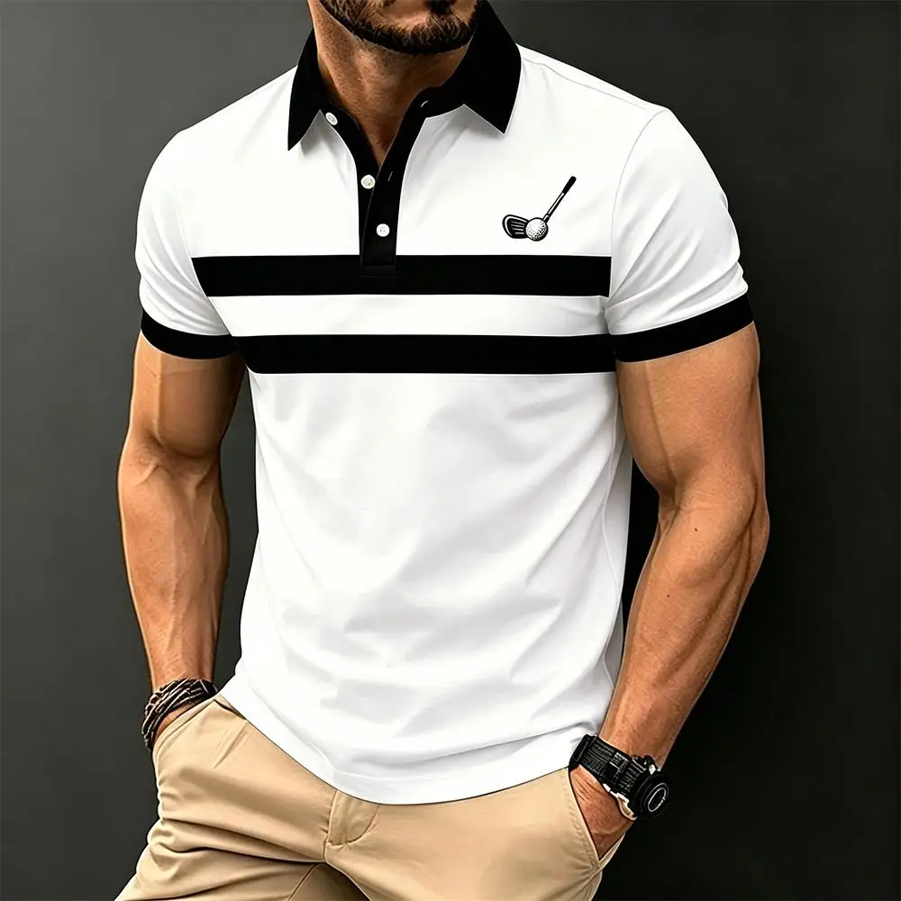 

Classic Striped Men's Polo Shirt Outdoor Sports Breathable Casual Golf Shirt Men Daily Simple Versatile Lapel Short Sleeve Tops