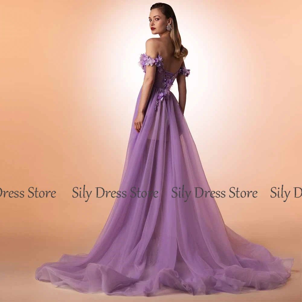 Abiti da sera da donna squisiti Abito da homecoming a trapezio in organza Abito da ballo con volant con spacco laterale viola con spalle scoperte