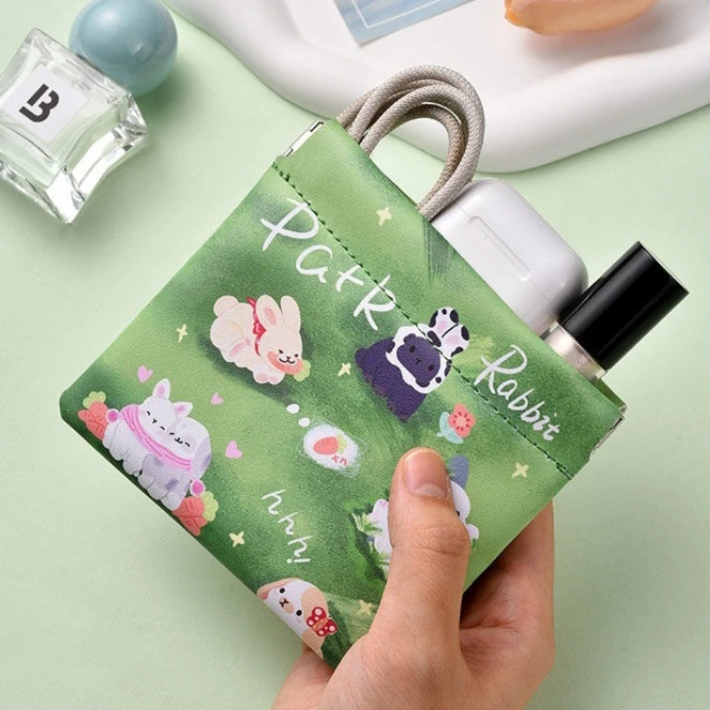 Snap Button Cable Organizer Portable Mini Tech Pouch for Earphones Cute Bluetooth Earbuds Storage Bag Cartoon Rabbit Makeup Bag