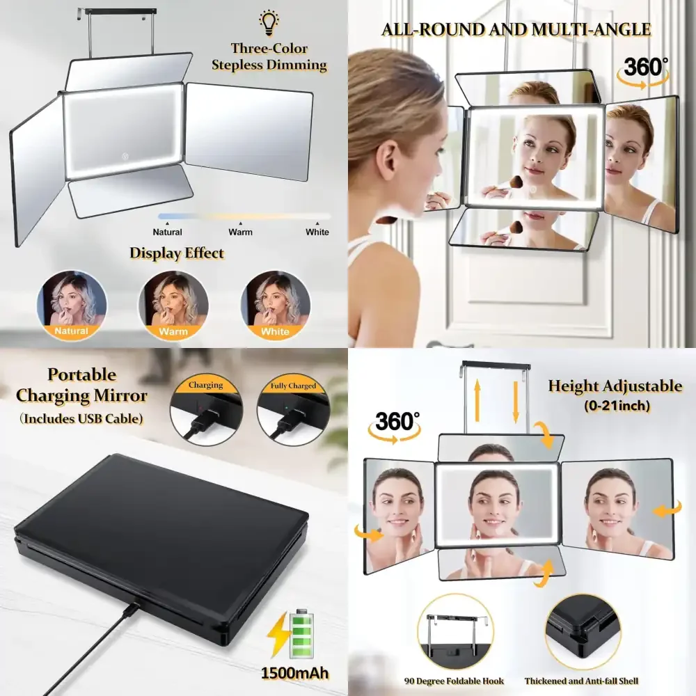 5 Way LED Barber Mirror for Hair Cutting 360 Adjustable Height Makeup Mirror for Self Cut