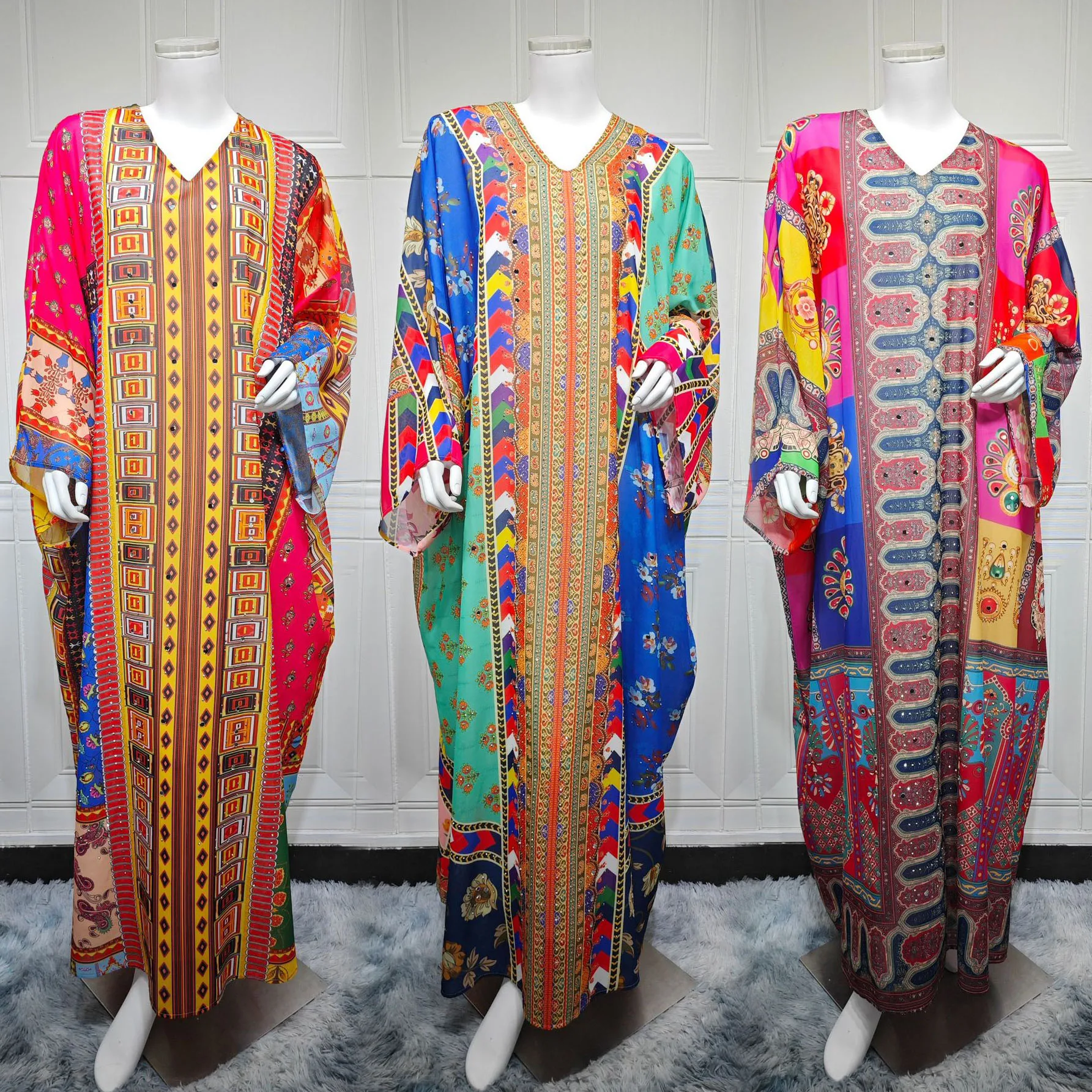 Abaya caftano africano in chiffon stampato per donna, festa serale in stile etnico hotfix con strass, caftano Ramadan Eid, abito arabo islamico