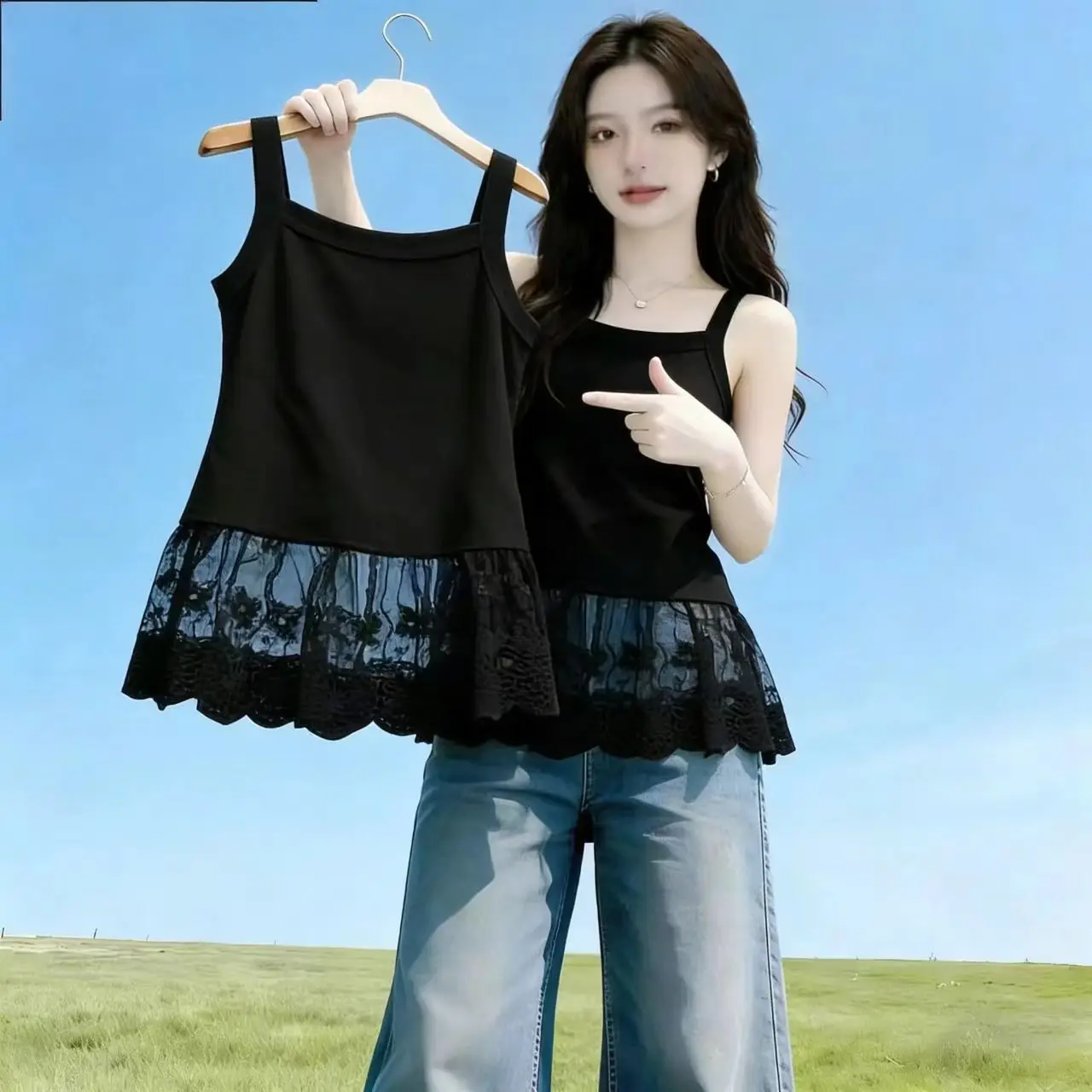 Skinny new solid color splicing lace sling vest women's summer base inner niche design top