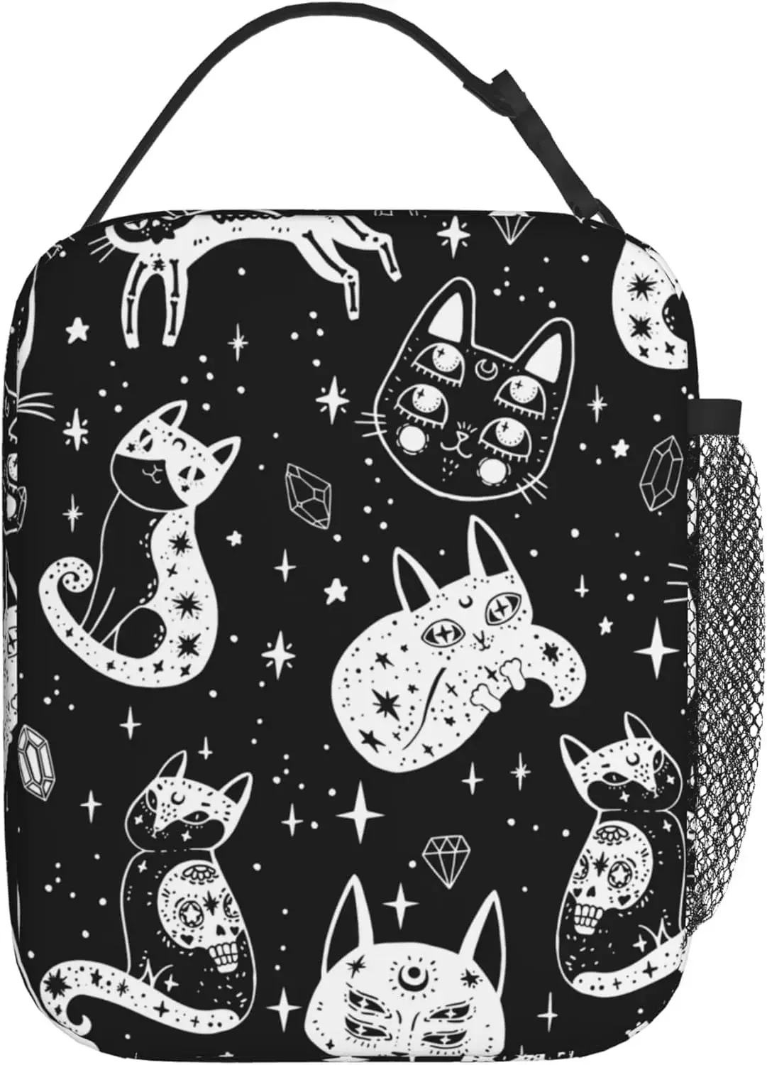 Men Women Halloween Gothic Witch Moon Cat Skull Black and White Lunch Bag Drinks Holder for Office Work Multi-Purpose