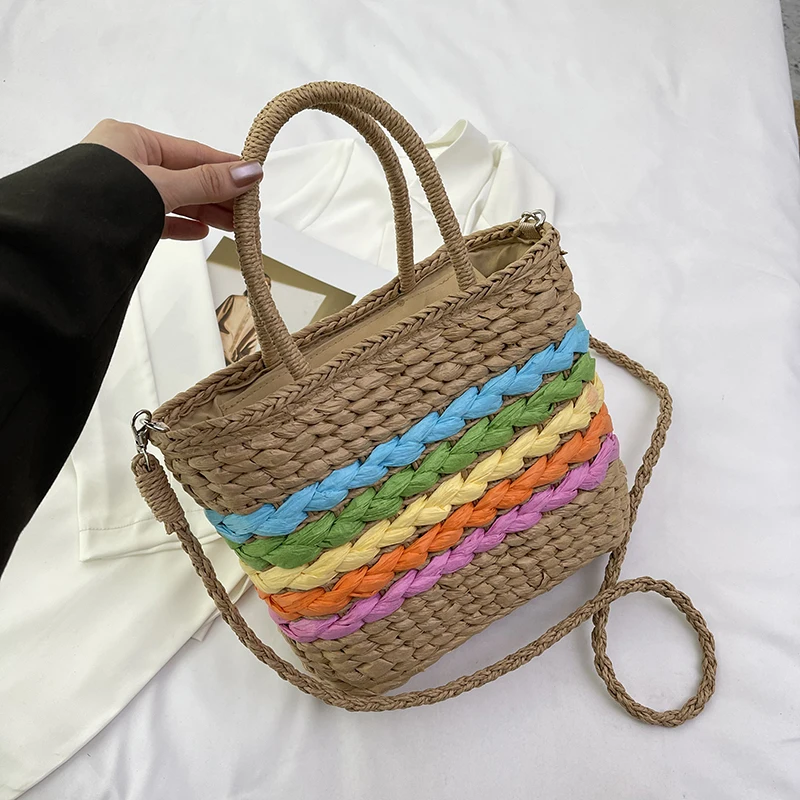 Summer Woven Straw Bag Tote Fashion Women Beach Bag Satchel  Bohemian Female Handbag Rainbow Straw Woven Shoulder Crossbody Bags