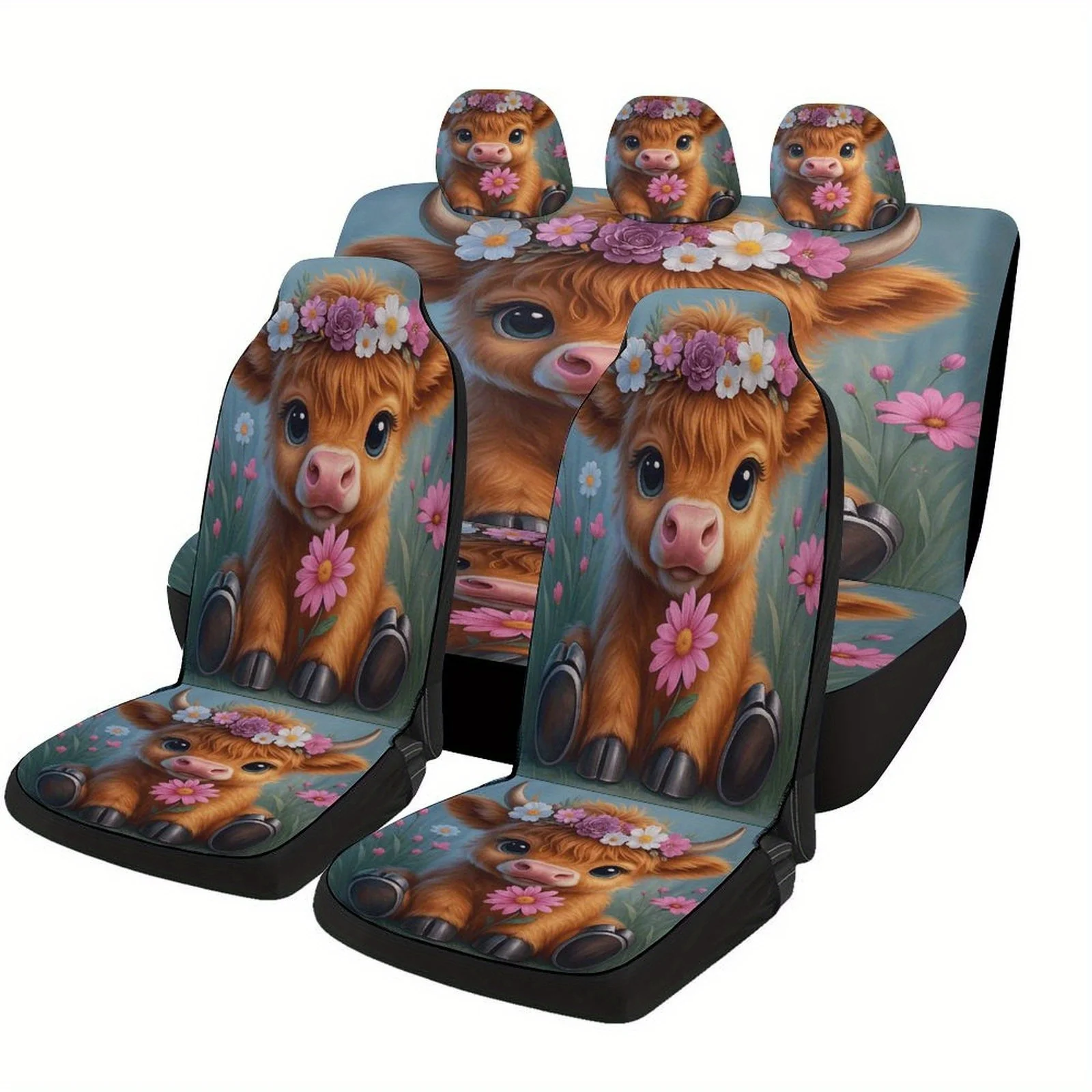 Floral Cow Portrait Designed Car Seat Cover Set For Most Cars, High-quality Comfortable Car Seat Protector Covers Full Set, Univ