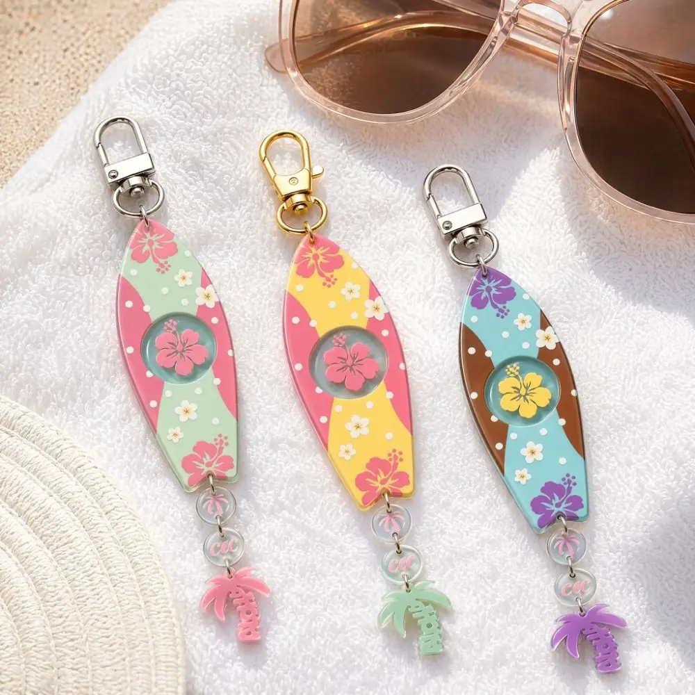 Exquisite Printing Surfboard Keychains Cool Hibiscus Flower Marine Theme Pendant Acrylic Summer INS Jewelry Party