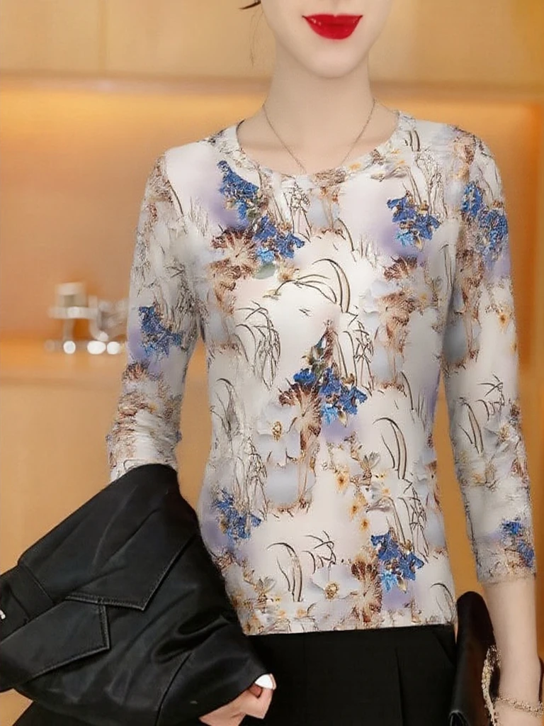 

Elegant Slim Fit Long Sleeve round Neck Printed T-Shirt Comfortable Versatile Top for Middle-Aged And Elderly Women