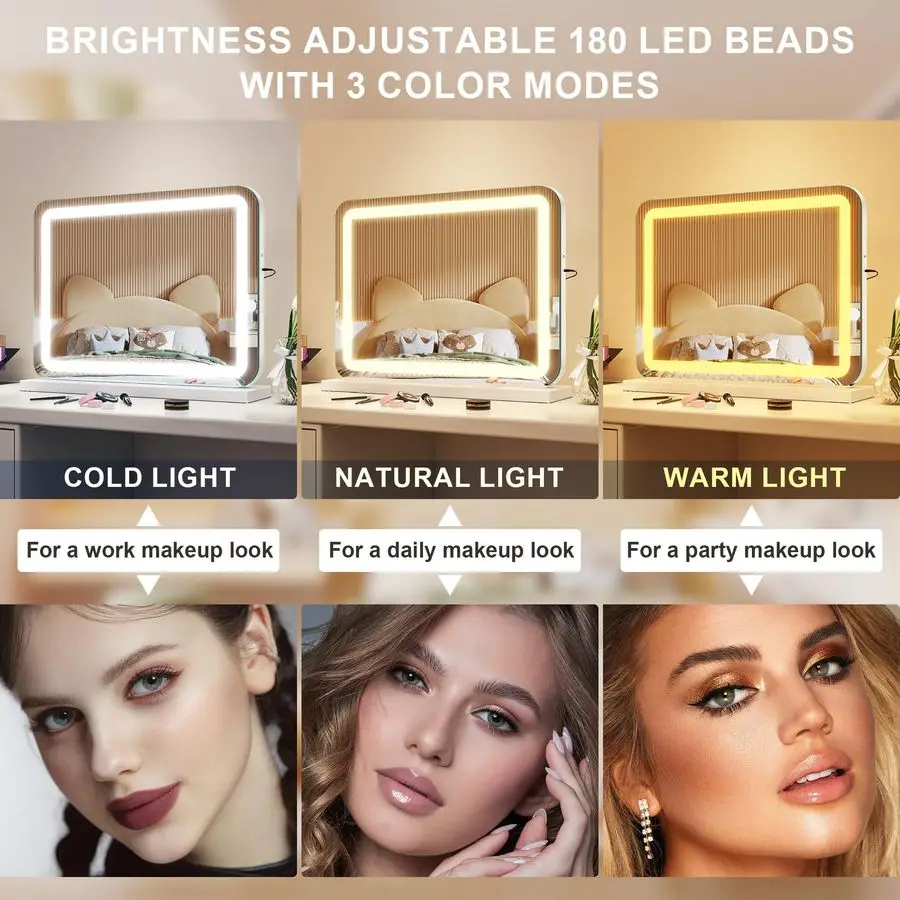 مرآة مكياج مقاس 19 × 14 مع أضواء وتكبير 10 مرات، وإضاءة LED قابلة للتعتيم بثلاثة ألوان وتحكم باللمس، ومنفذ شحن USB لـ T #6